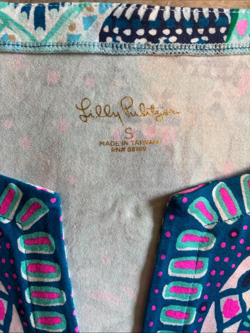 Lilly Pulitzer Navy, Pink & Teal Printed Short Sleeve Split-Neck Top - Picture 2 of 4